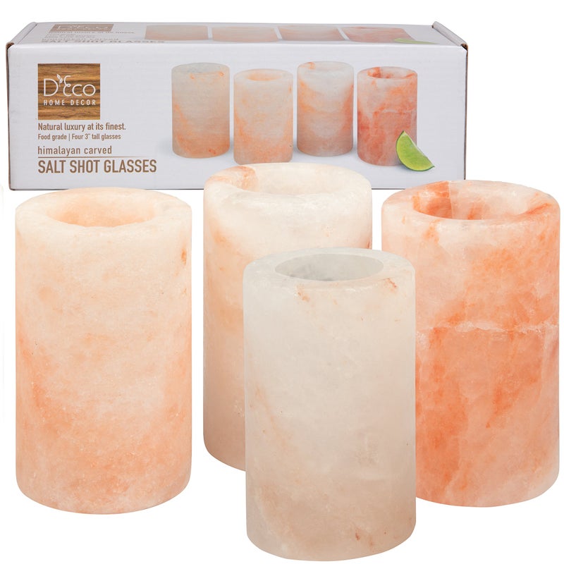 DECO D'Eco Himalayan Salt Shot Glasses (4 Pack)- Hand-Carved 3" All-Natural Pink Salt Tequila Shooters Set - Mess-free way to add salty flavor to any shot - Great for Parties, Home Bars & Xmas Holiday Gift - Image 1